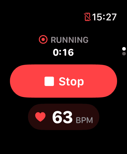 BedStats Apple Watch app showing a running session timer and live heart rate