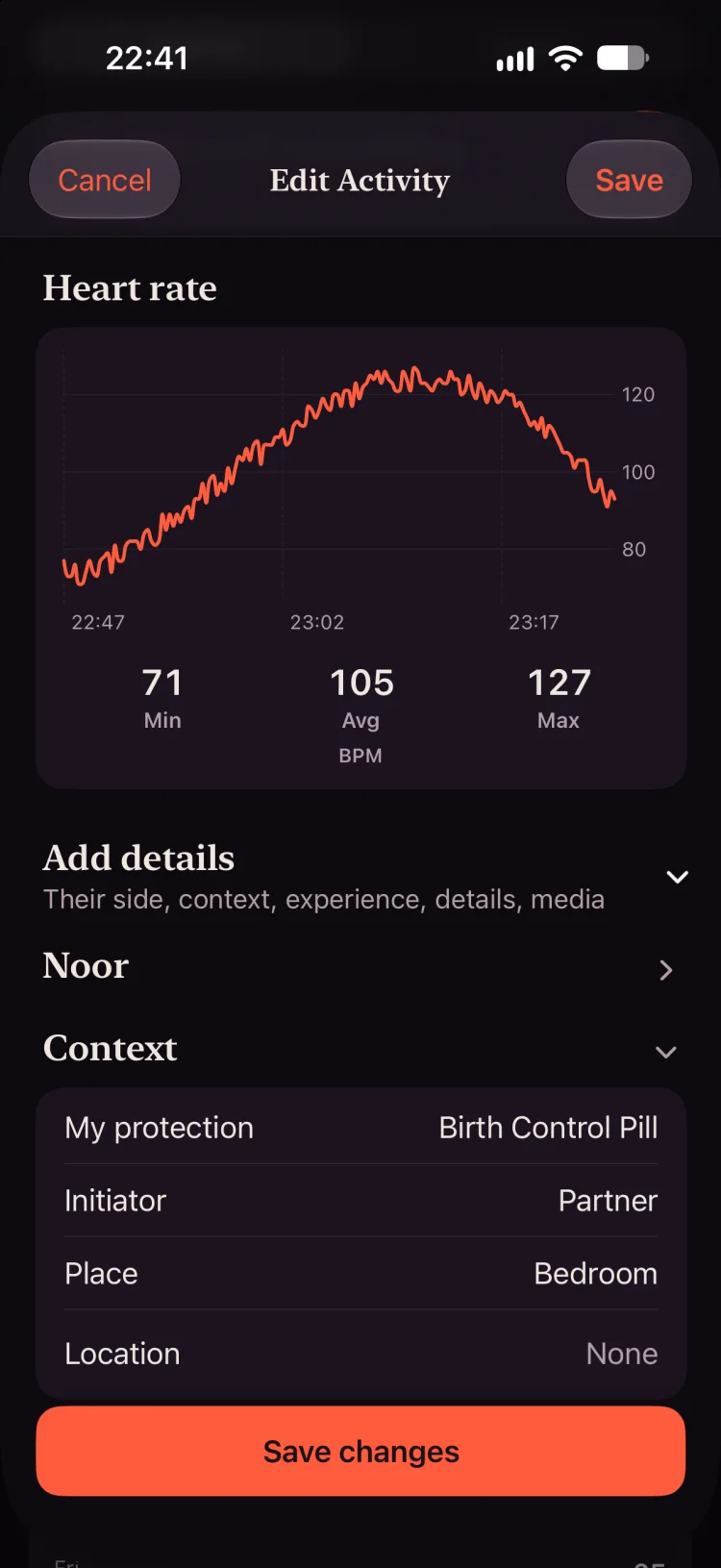 A session’s heart rate chart: minimum 71, average 105, maximum 127 bpm