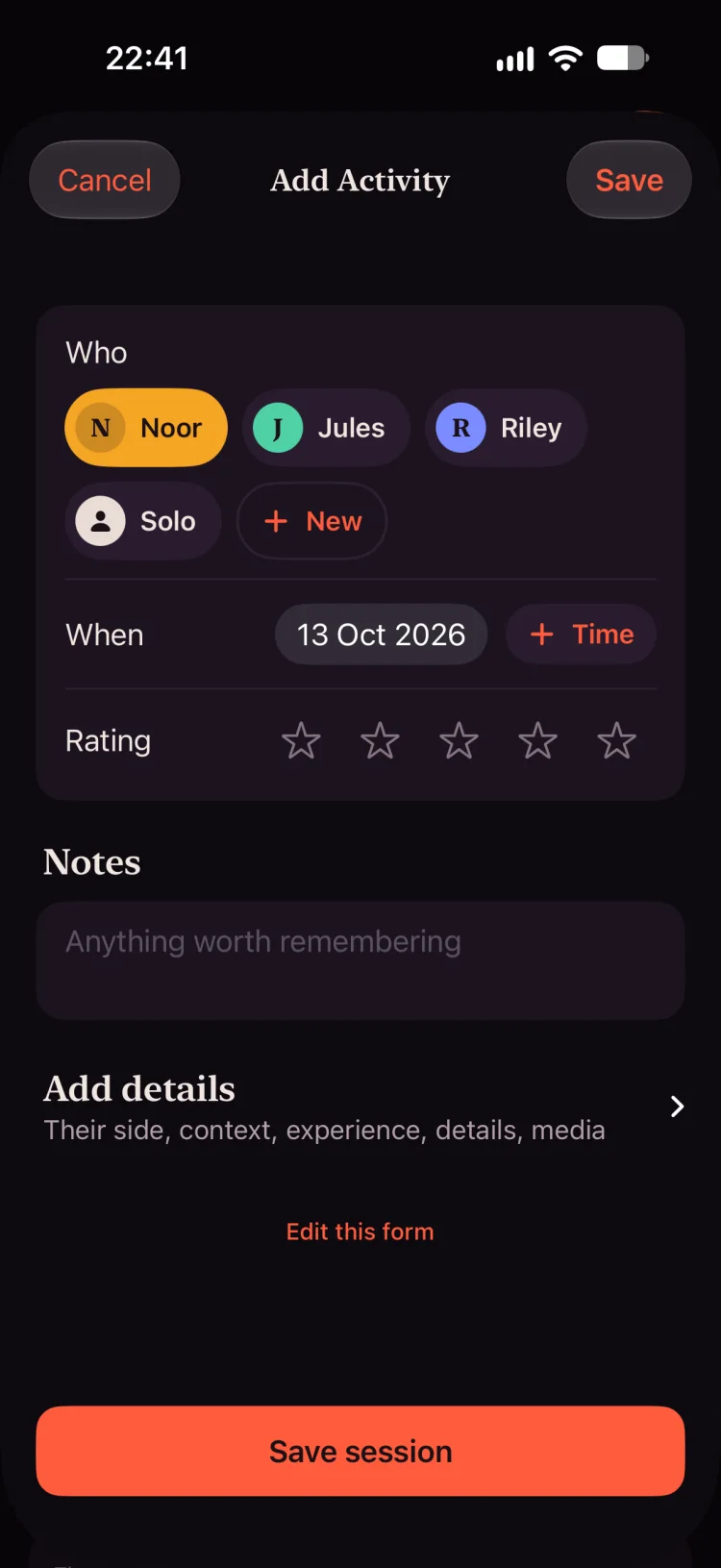 Add Activity: choose who, when and a star rating, then Save session